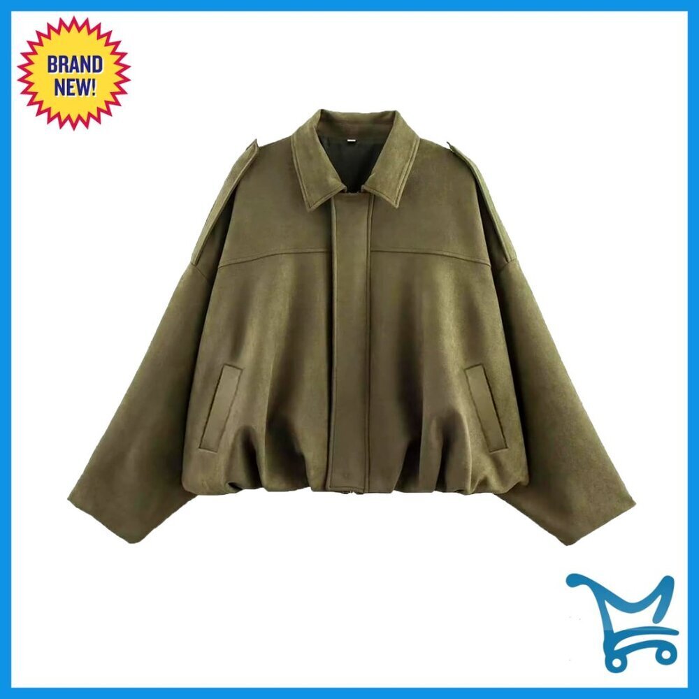 Oversized Faux Suede Bomber Jacket Y2K Streetwear Cropped Pilot Coat
